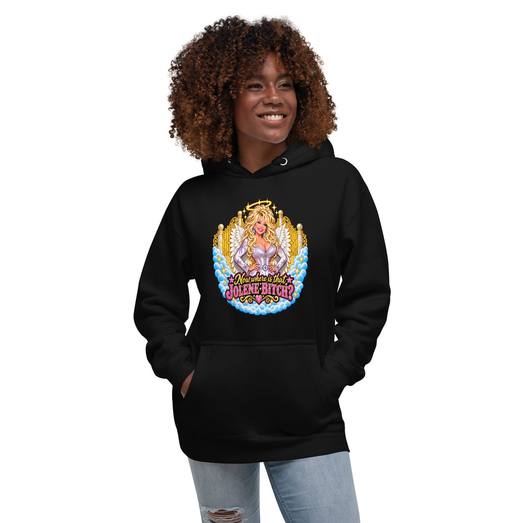 Funny Dolly Parton Jolene hoodie front mockup by The Wandering Manc