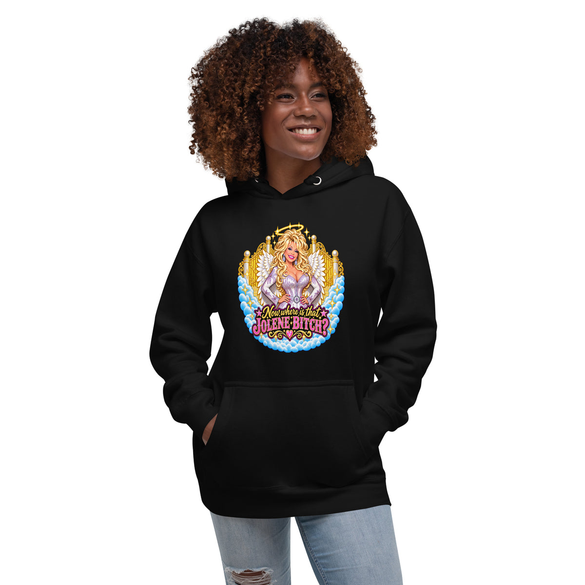Funny Dolly Parton Jolene hoodie front mockup by The Wandering Manc