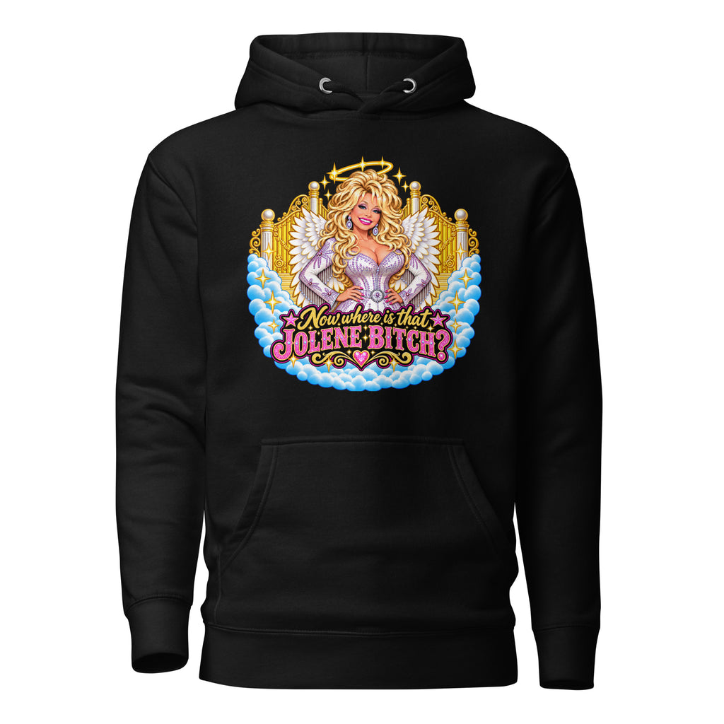 Oh Jolene Dolly Parton hoodie front view with angel wings and halo artwork