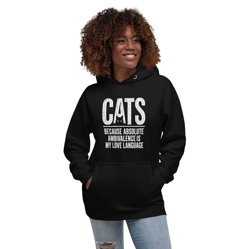 Ambivalence Is My Love Language cat hoodie alternate front view