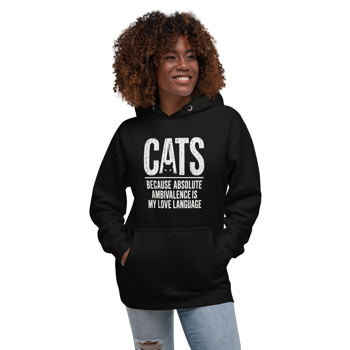 Ambivalence Is My Love Language cat hoodie alternate front view