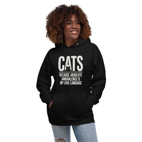 Ambivalence Is My Love Language cat hoodie alternate front view
