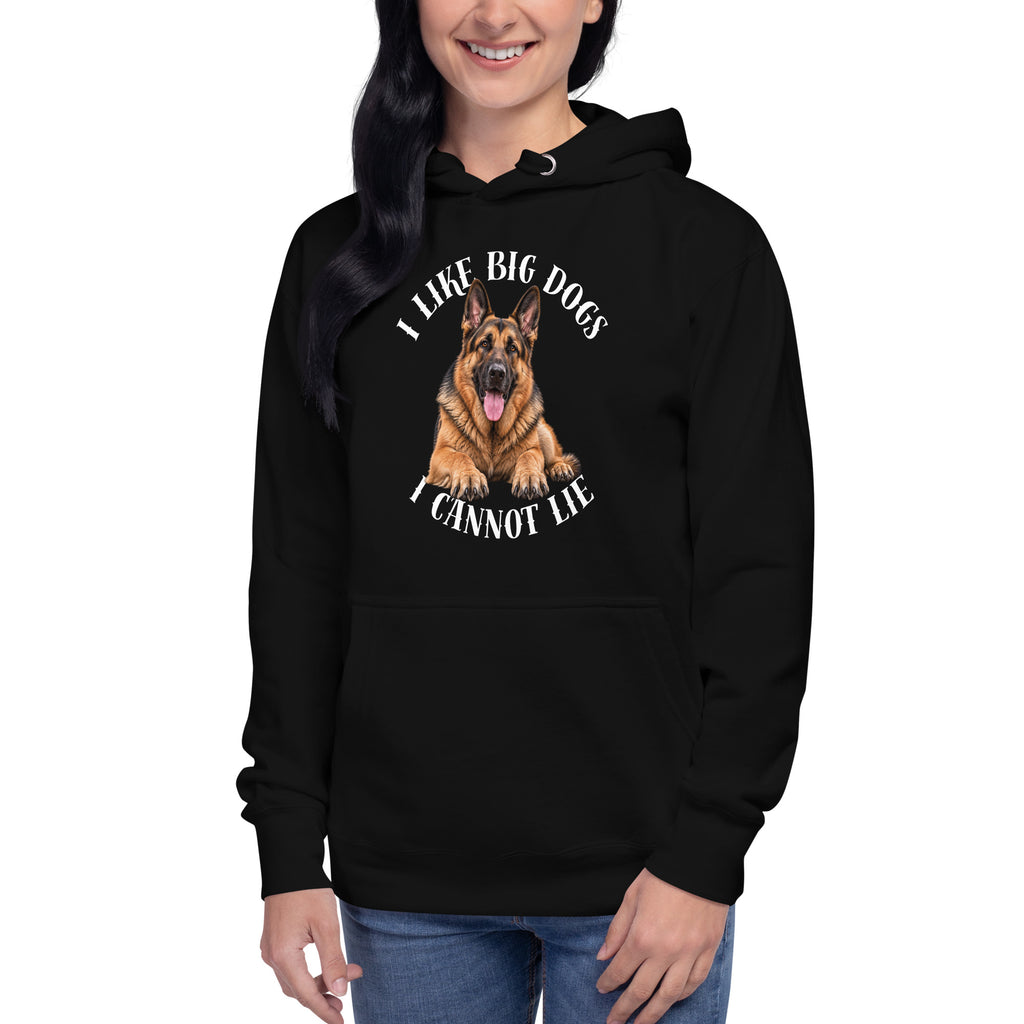 Front view of black I Like Big Dogs German Shepherd hoodie