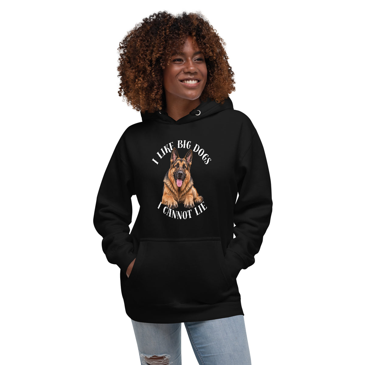 Front view of black I Like Big Dogs German Shepherd hoodie