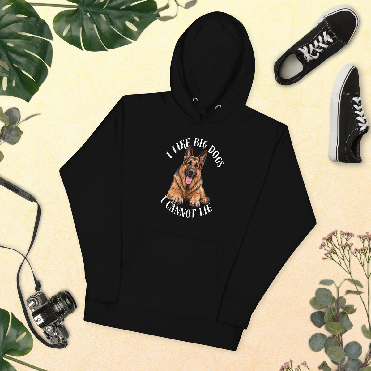 Front view of black I Like Big Dogs German Shepherd hoodie