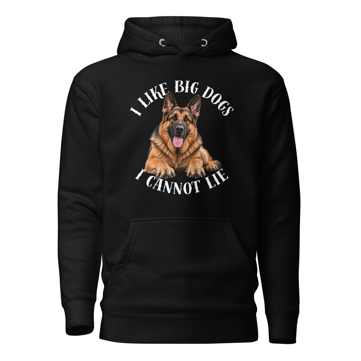 Front view of black I Like Big Dogs German Shepherd hoodie