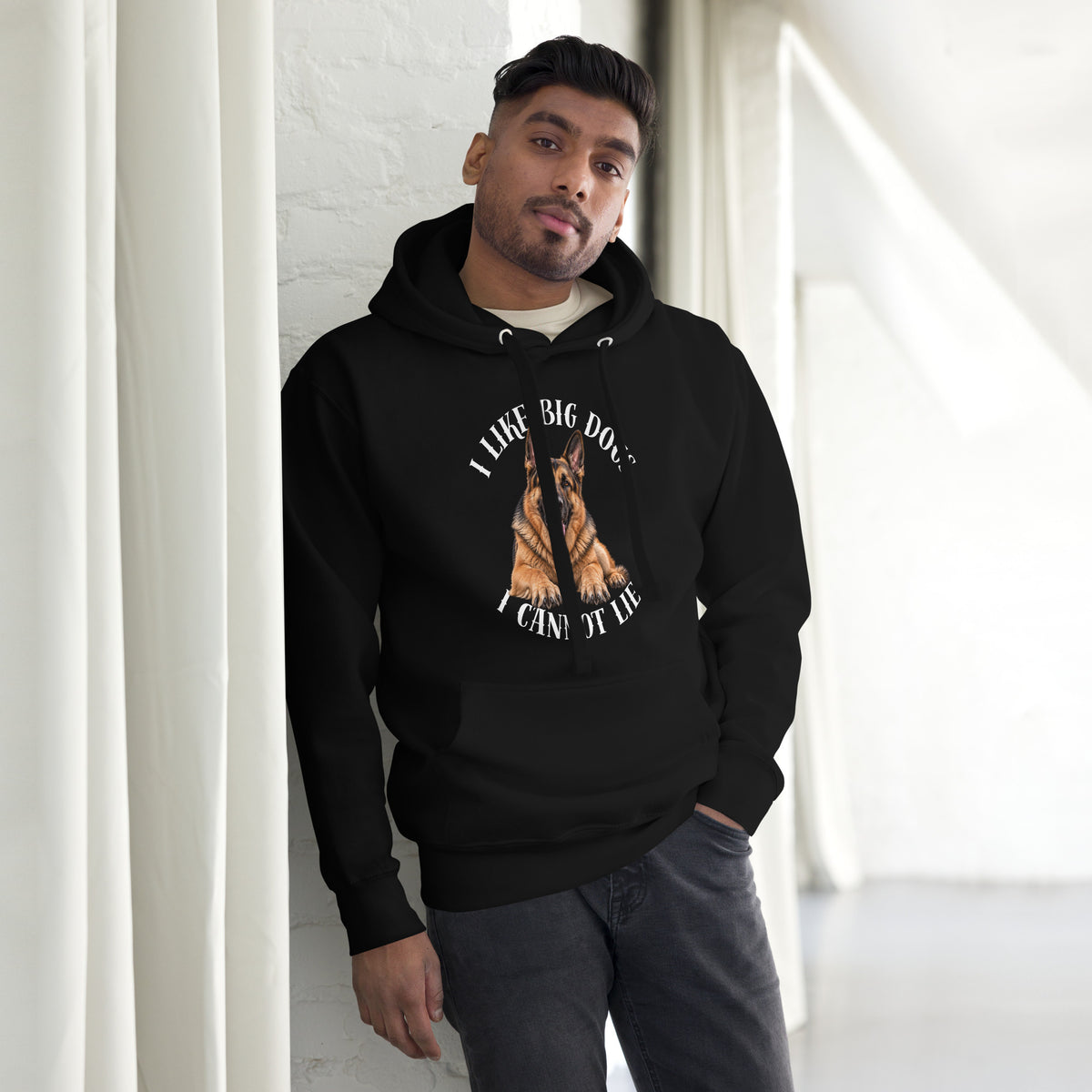 Front view of black I Like Big Dogs German Shepherd hoodie