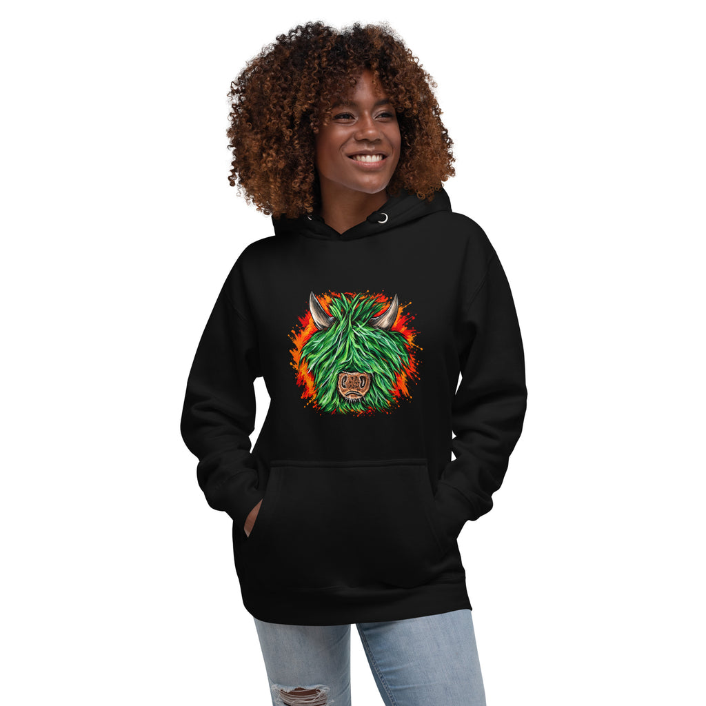 Highland Chaos Highland cow hoodie with green hair and orange red artwork, front view