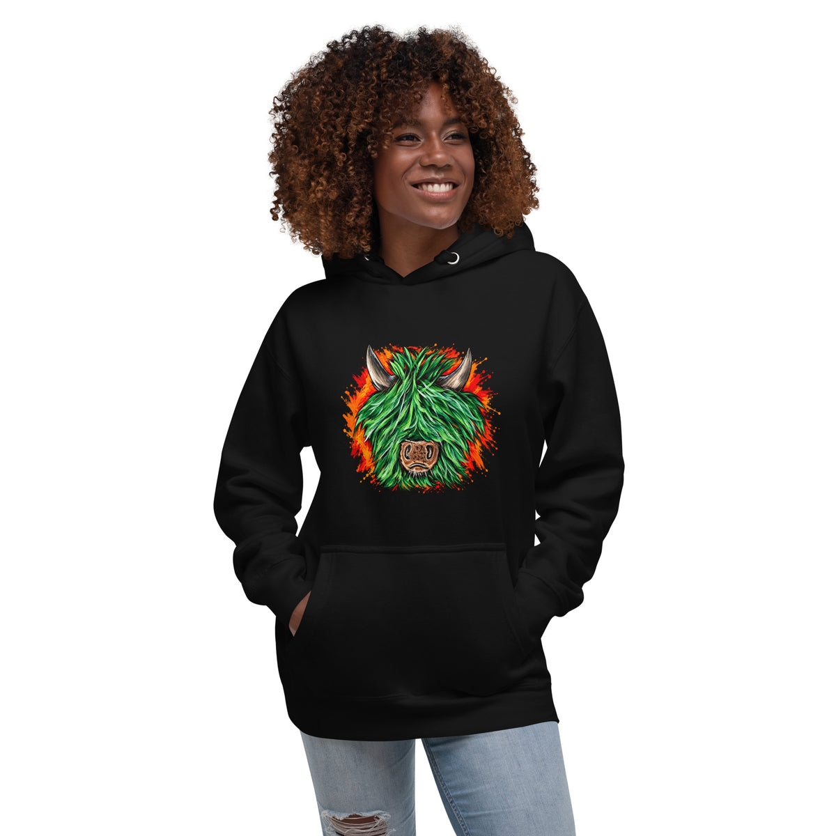 Highland Chaos Highland cow hoodie with green hair and orange red artwork, front view