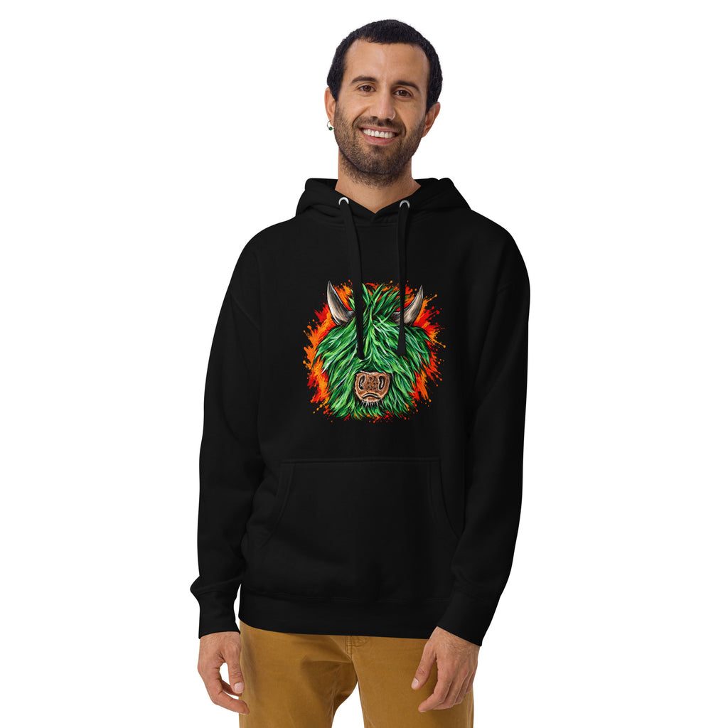 Highland Chaos Highland cow graphic hoodie, front product view