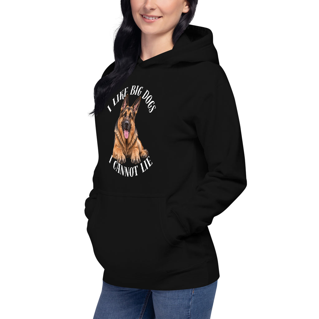Front-left view of black I Like Big Dogs German Shepherd hoodie
