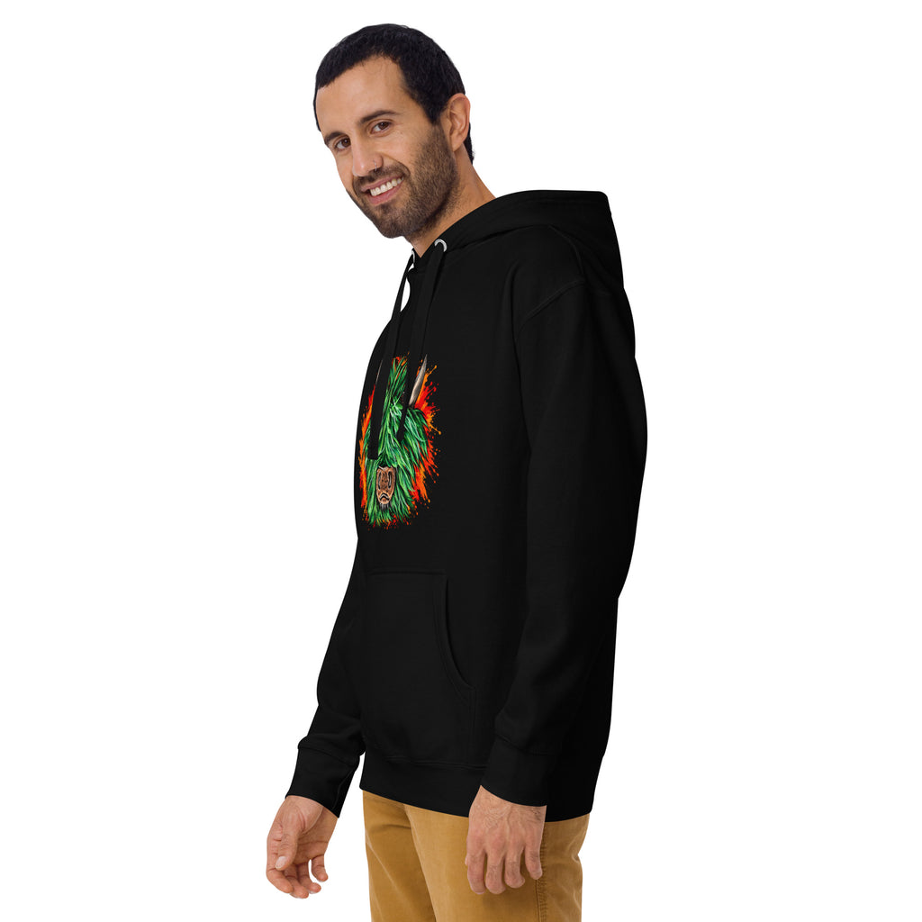 Highland Chaos unisex hoodie with green Highland cow artwork, left front view