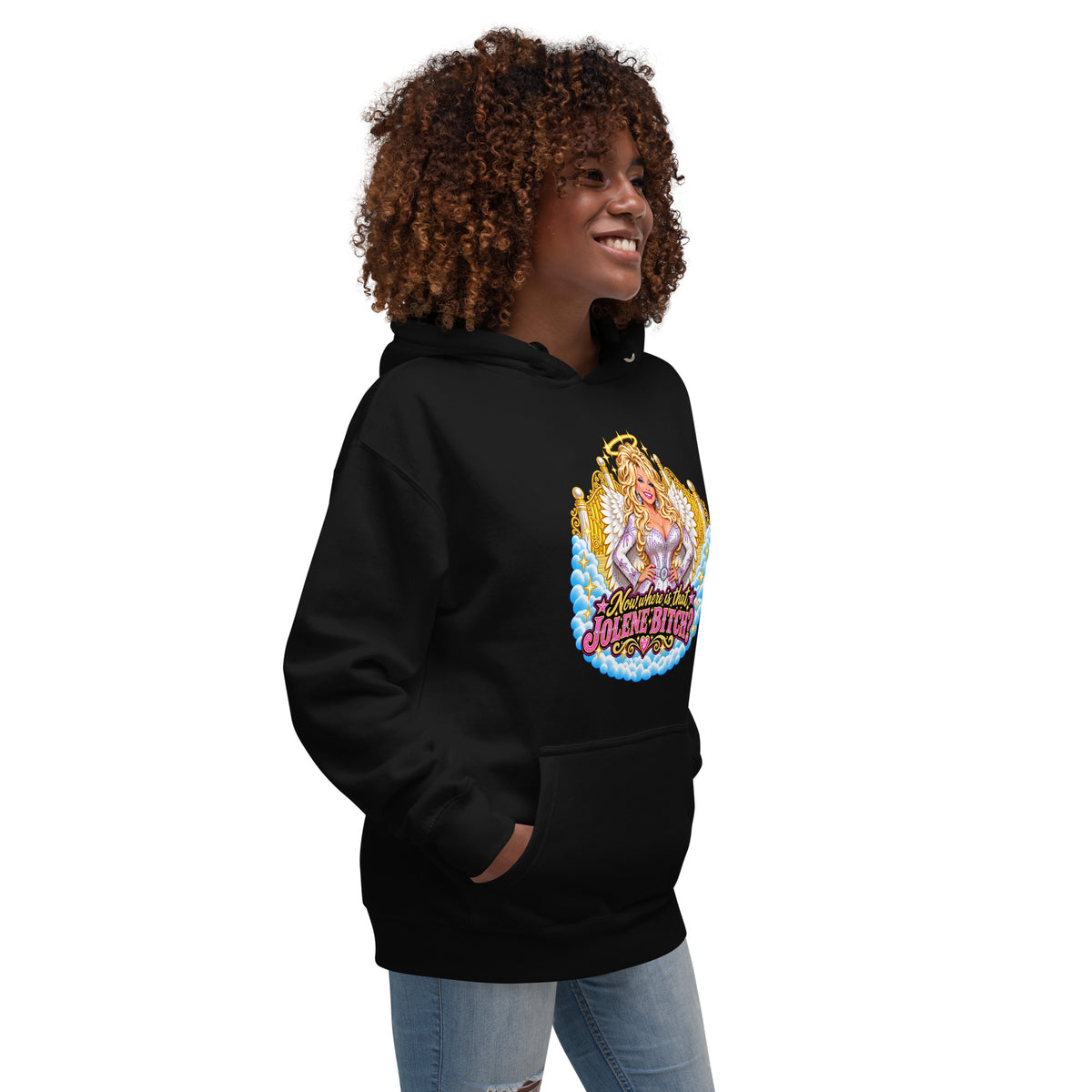 Dolly Parton Jolene funny hoodie right angle mockup