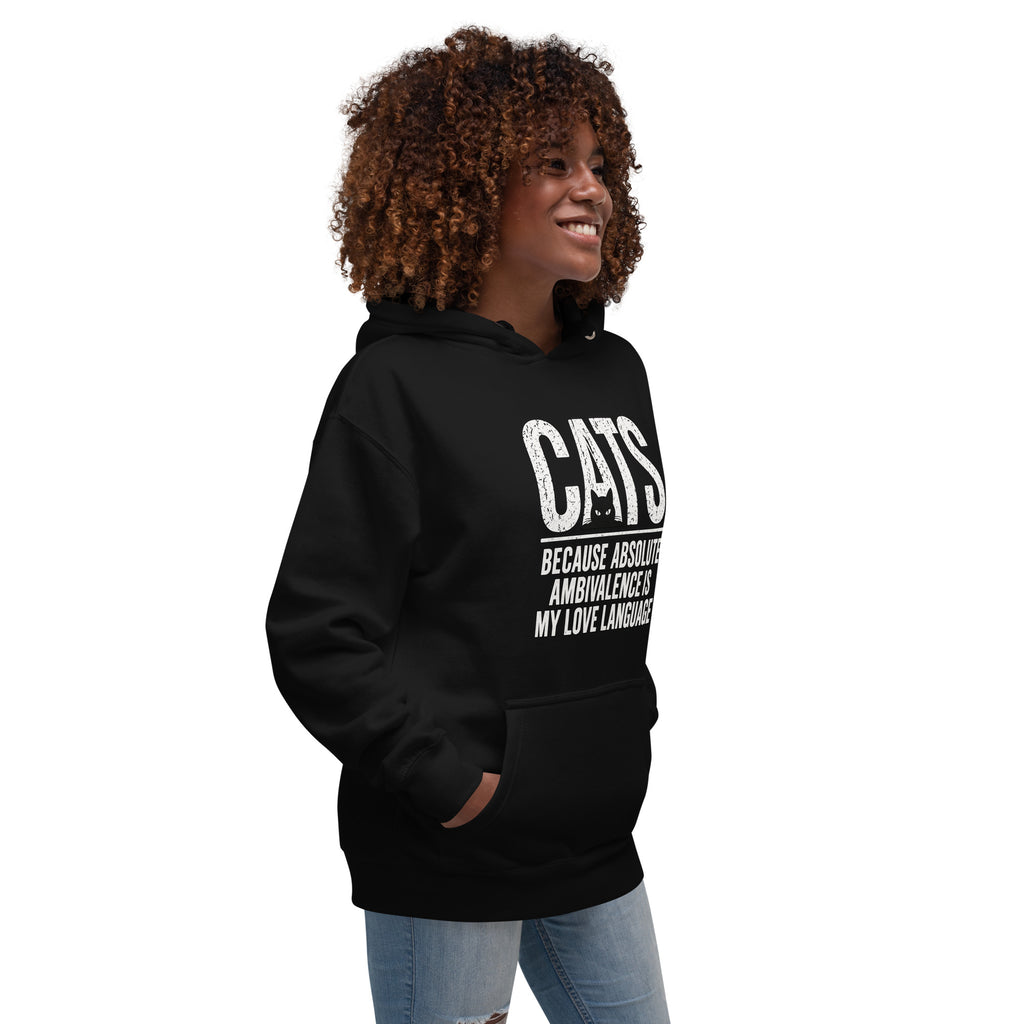 Ambivalence Is My Love Language cat hoodie right angle