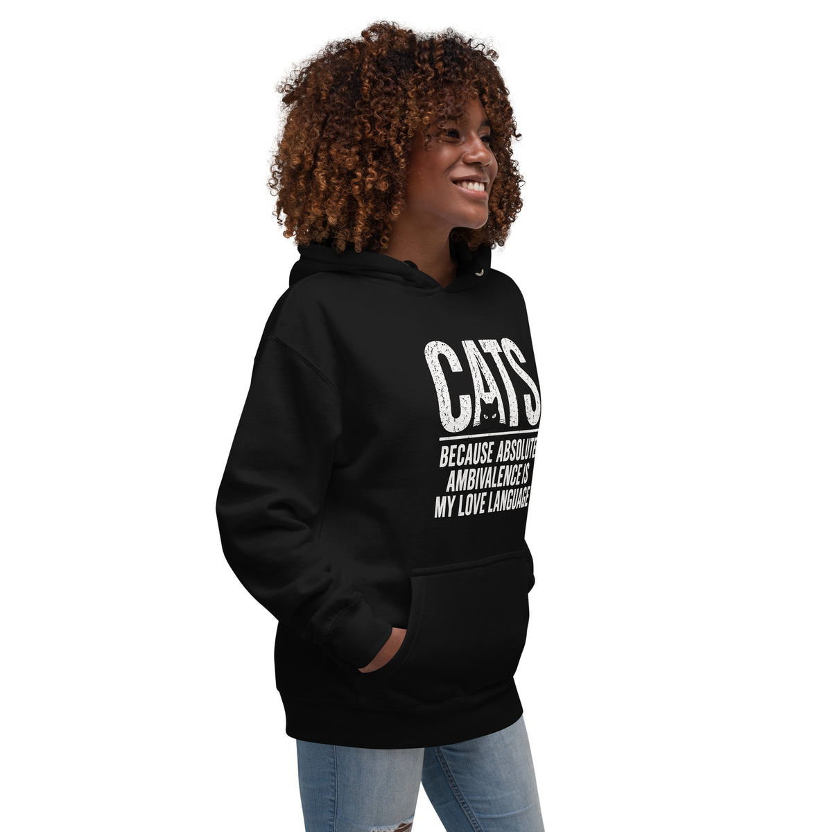 Ambivalence Is My Love Language cat hoodie right angle