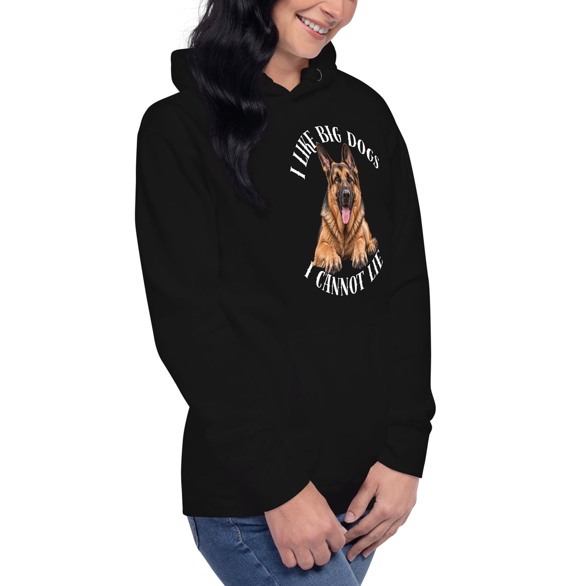 Front-right view of black I Like Big Dogs German Shepherd hoodie
