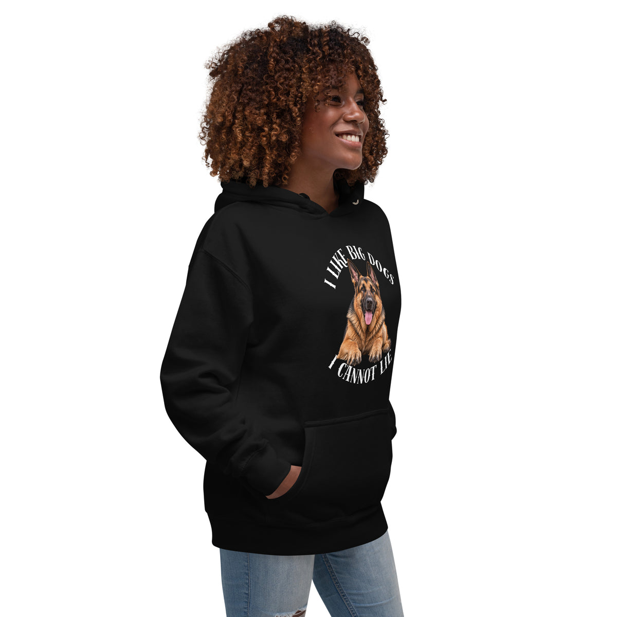 Front-right view of black I Like Big Dogs German Shepherd hoodie
