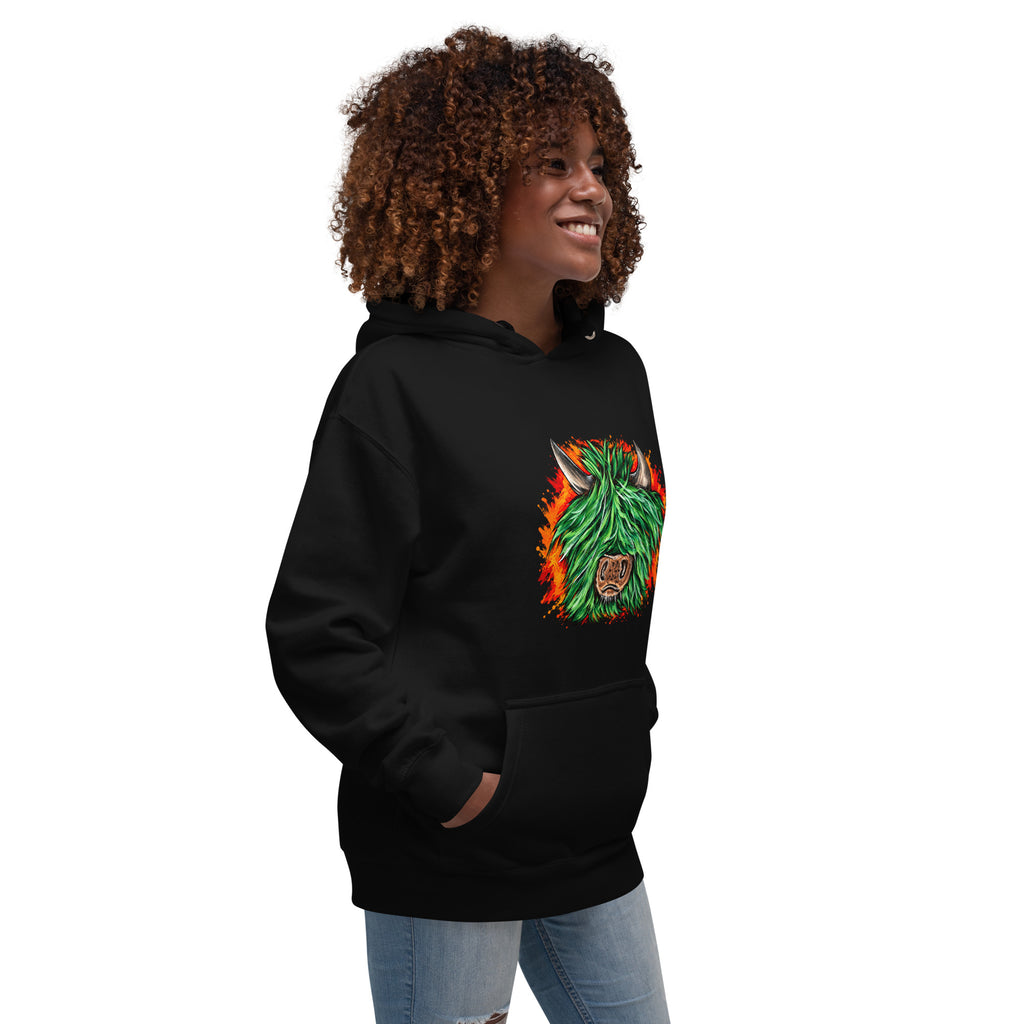 Highland Chaos colourful Highland cow hoodie, right front view