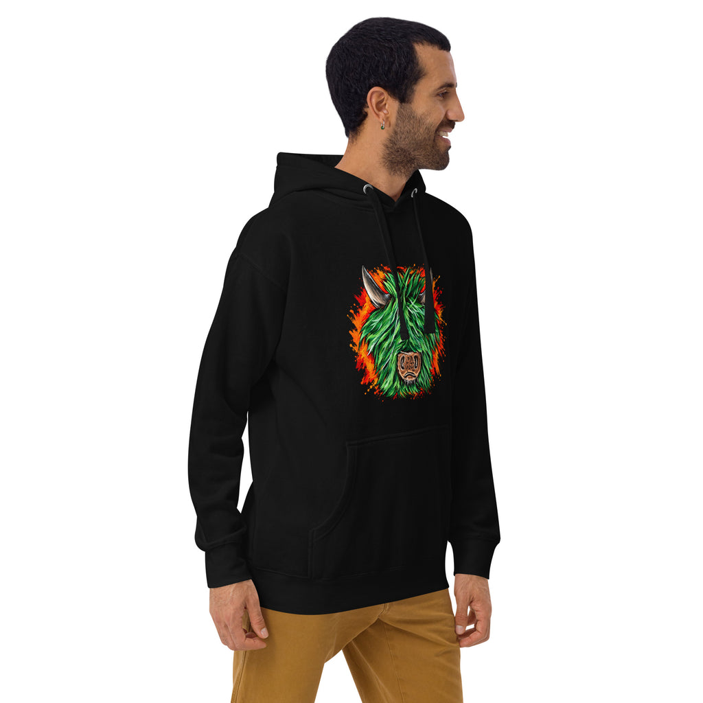 Highland Chaos unisex hoodie with colourful Highland cow design, right front view