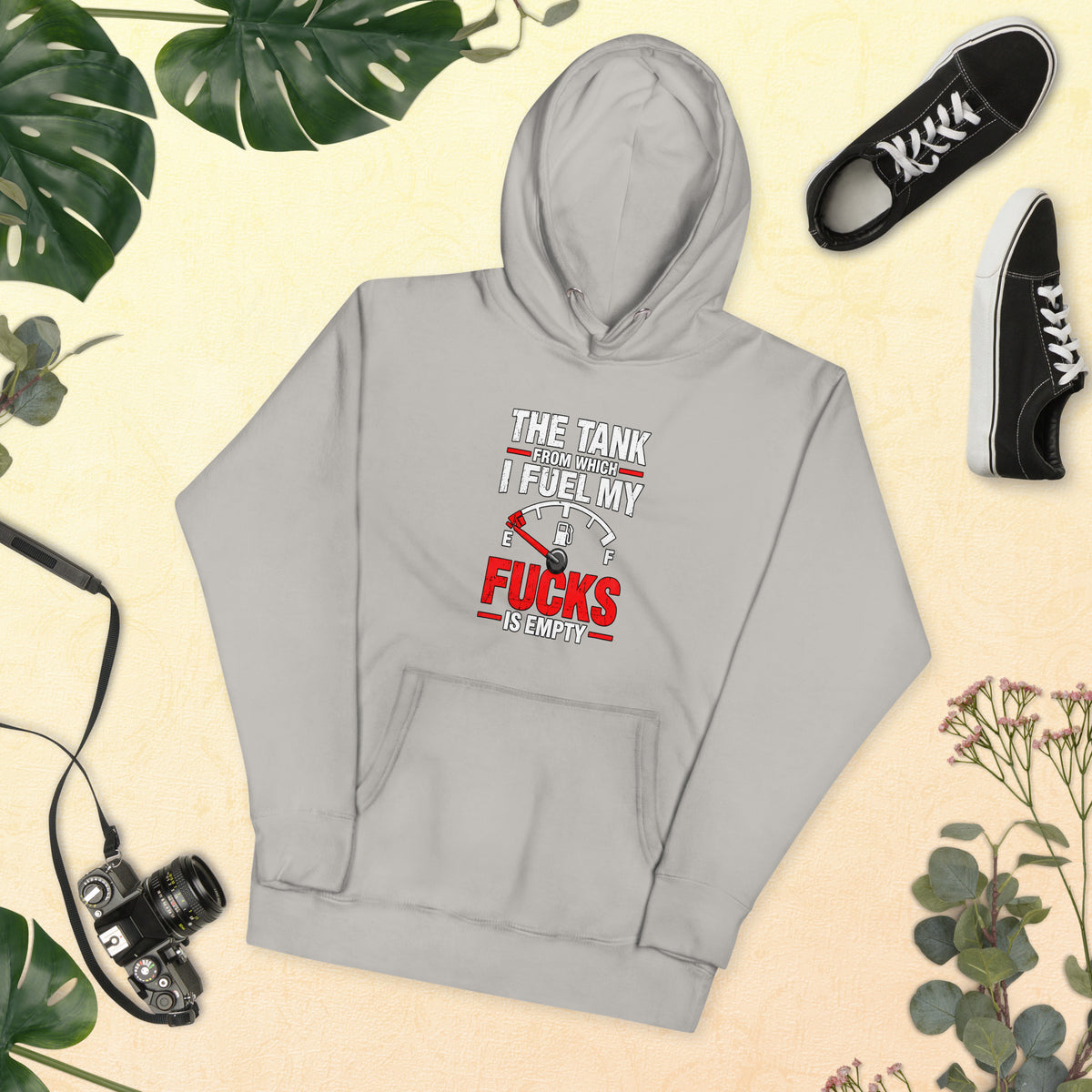 The Tank From Which I Fuel My Fucks Is Empty – Rude – Hoodie in grey – front view