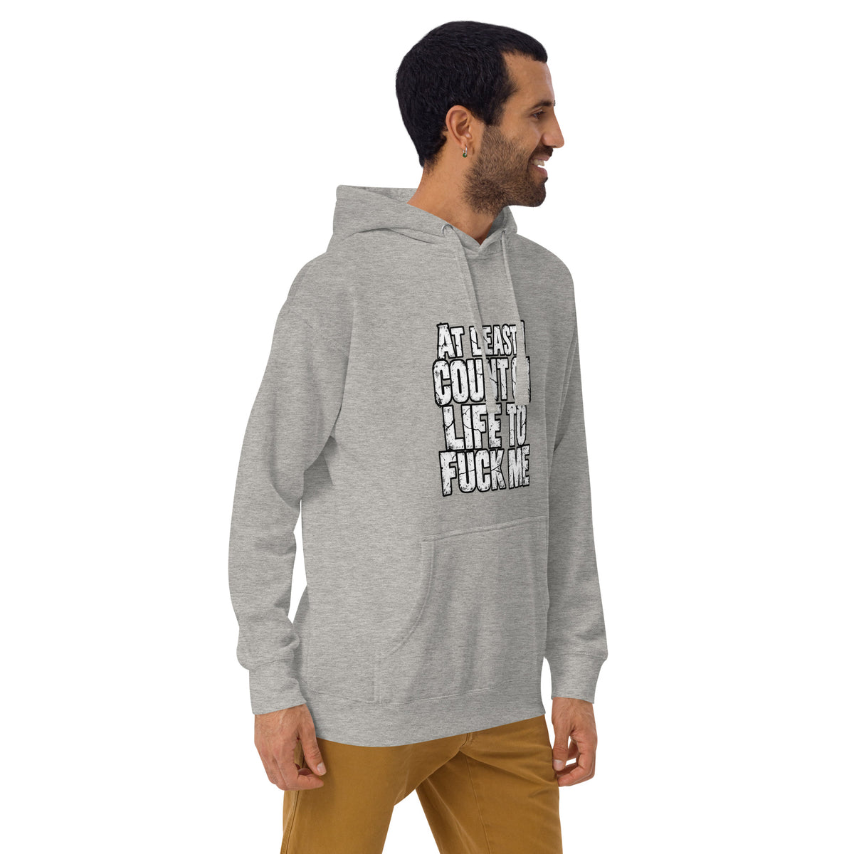 Life Fucks Me funny hoodie in Carbon Grey right angle