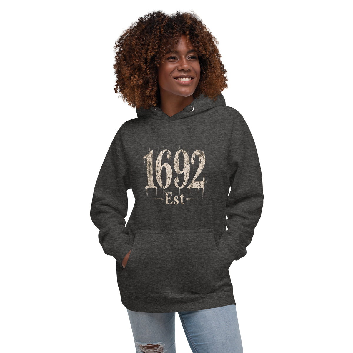1692 Salem Witch Trials history hoodie in charcoal heather