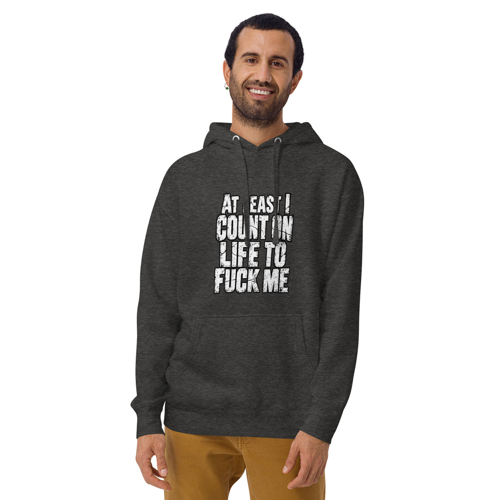 Life Fucks Me hoodie in Charcoal Heather alternate front mockup