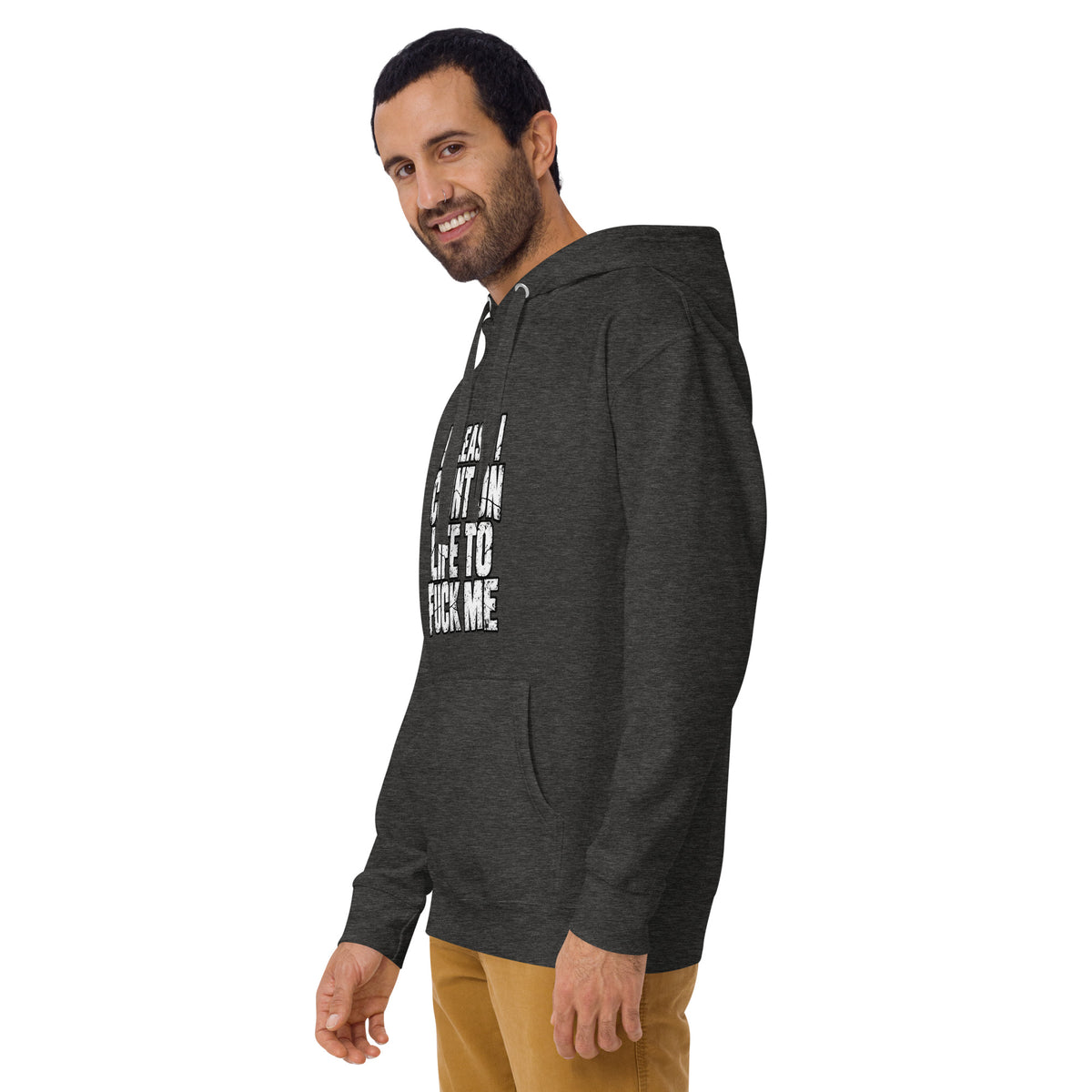 Life Fucks Me rude slogan hoodie in Charcoal Heather left angle