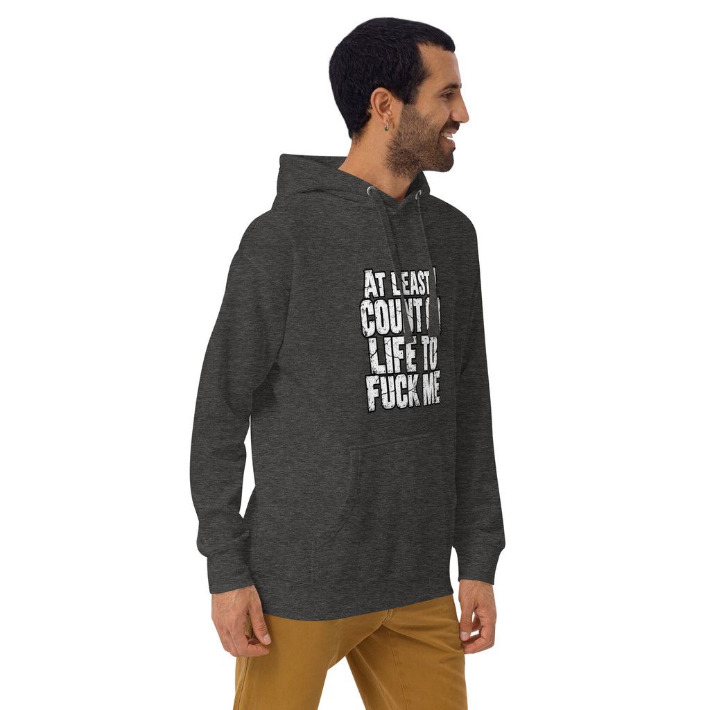 Life Fucks Me funny hoodie in Charcoal Heather right angle