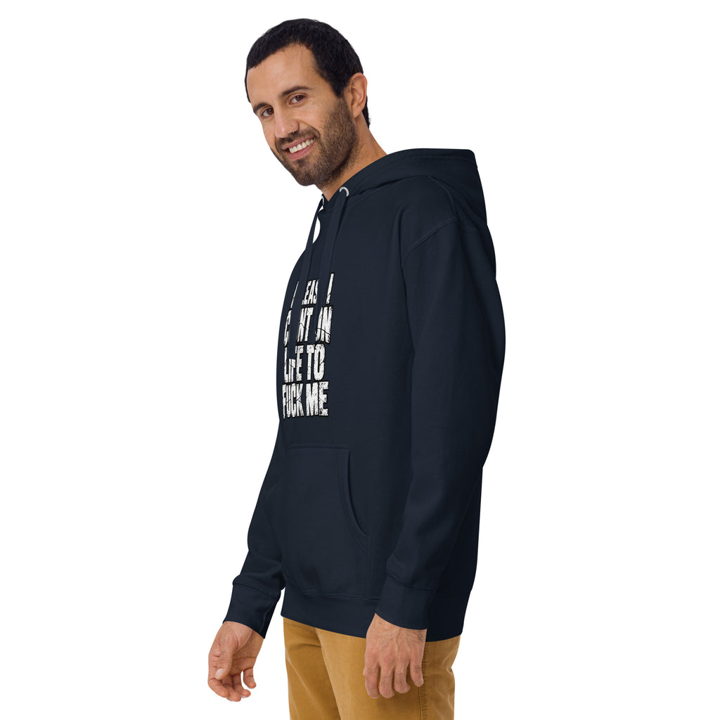 Life Fucks Me rude slogan hoodie in Navy Blazer left angle