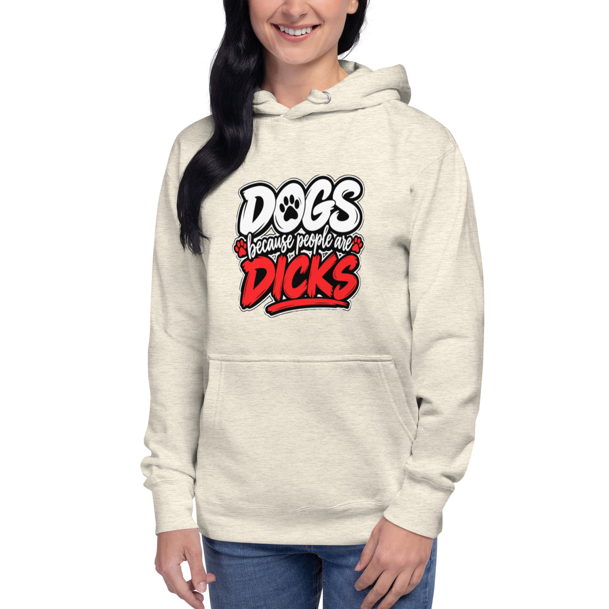 Front view of oatmeal heather Dogs Because dog lover hoodie