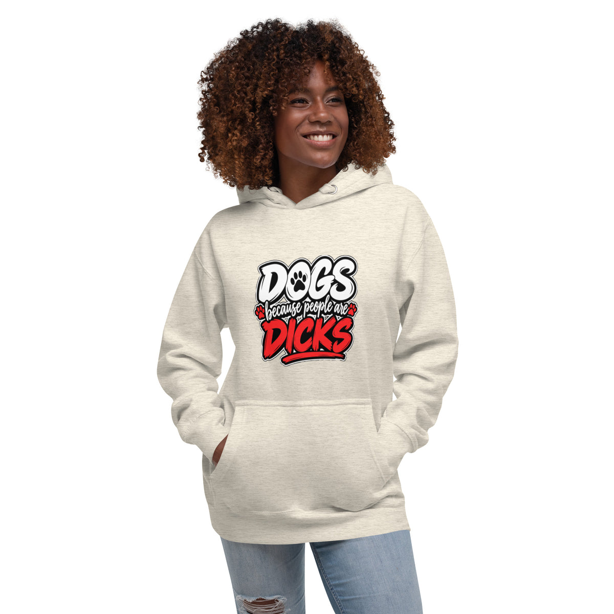 Front view of oatmeal heather Dogs Because dog lover hoodie