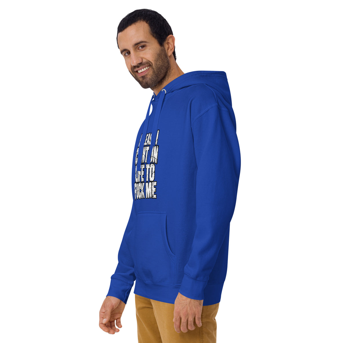 Life Fucks Me rude slogan hoodie in Team Royal left angle