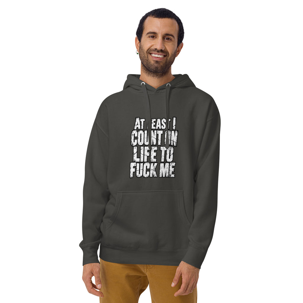 Life Fucks Me hoodie in Vintage Black alternate front mockup