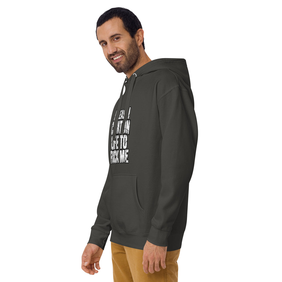 Life Fucks Me rude slogan hoodie in Vintage Black left angle