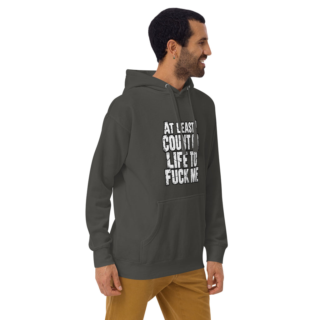 Life Fucks Me funny hoodie in Vintage Black right angle