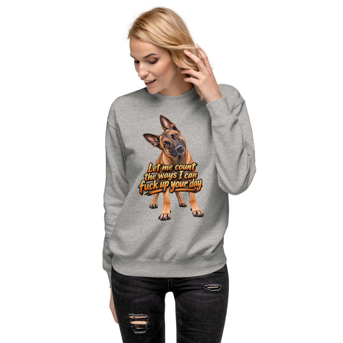 Let Me Count The Ways Malinois sweatshirt in Carbon Grey alternate front view