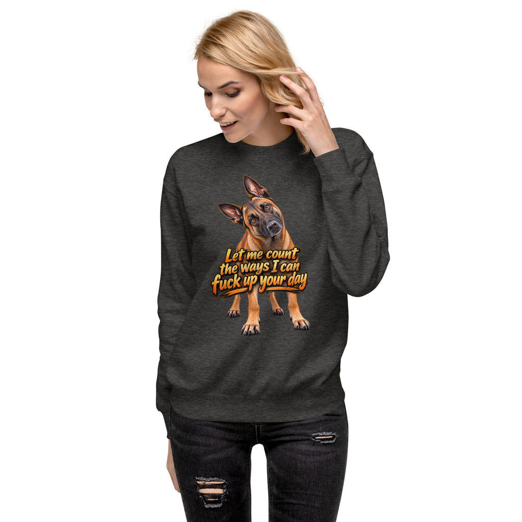 Let Me Count The Ways Malinois sweatshirt in Charcoal Heather alternate front view