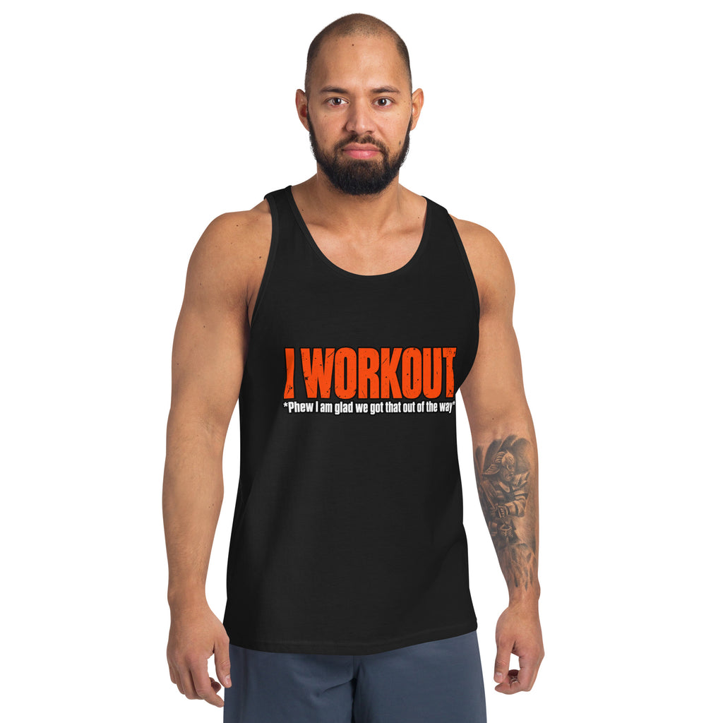 black unisex gym tank top front mockup featuring the I Workout design
