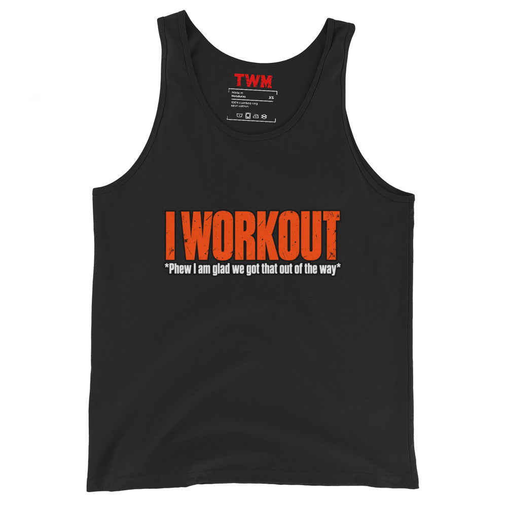 black unisex gym tank top front mockup featuring the I Workout design