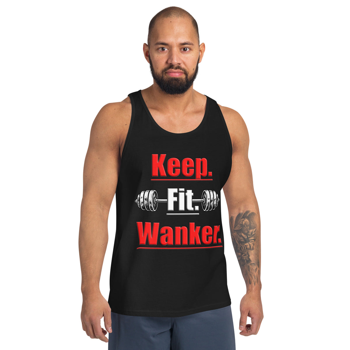 Black Keep Fit Wanker unisex gym tank top – front view