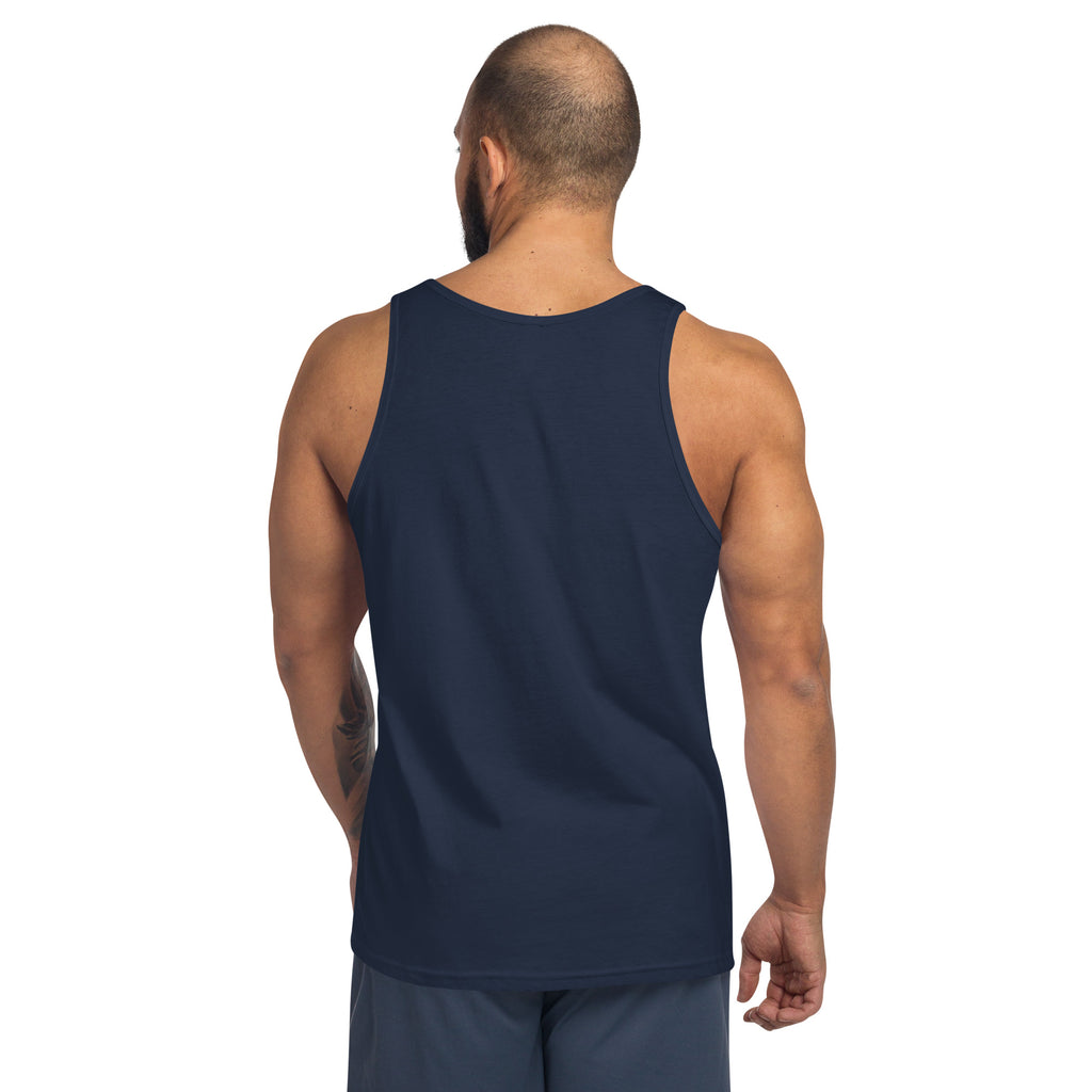 navy unisex gym tank top back mockup featuring the I Workout design