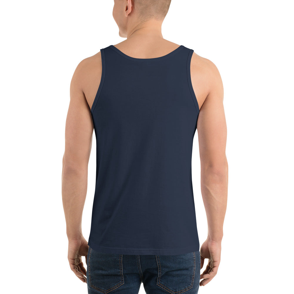 navy unisex gym tank top back mockup featuring the I Workout design