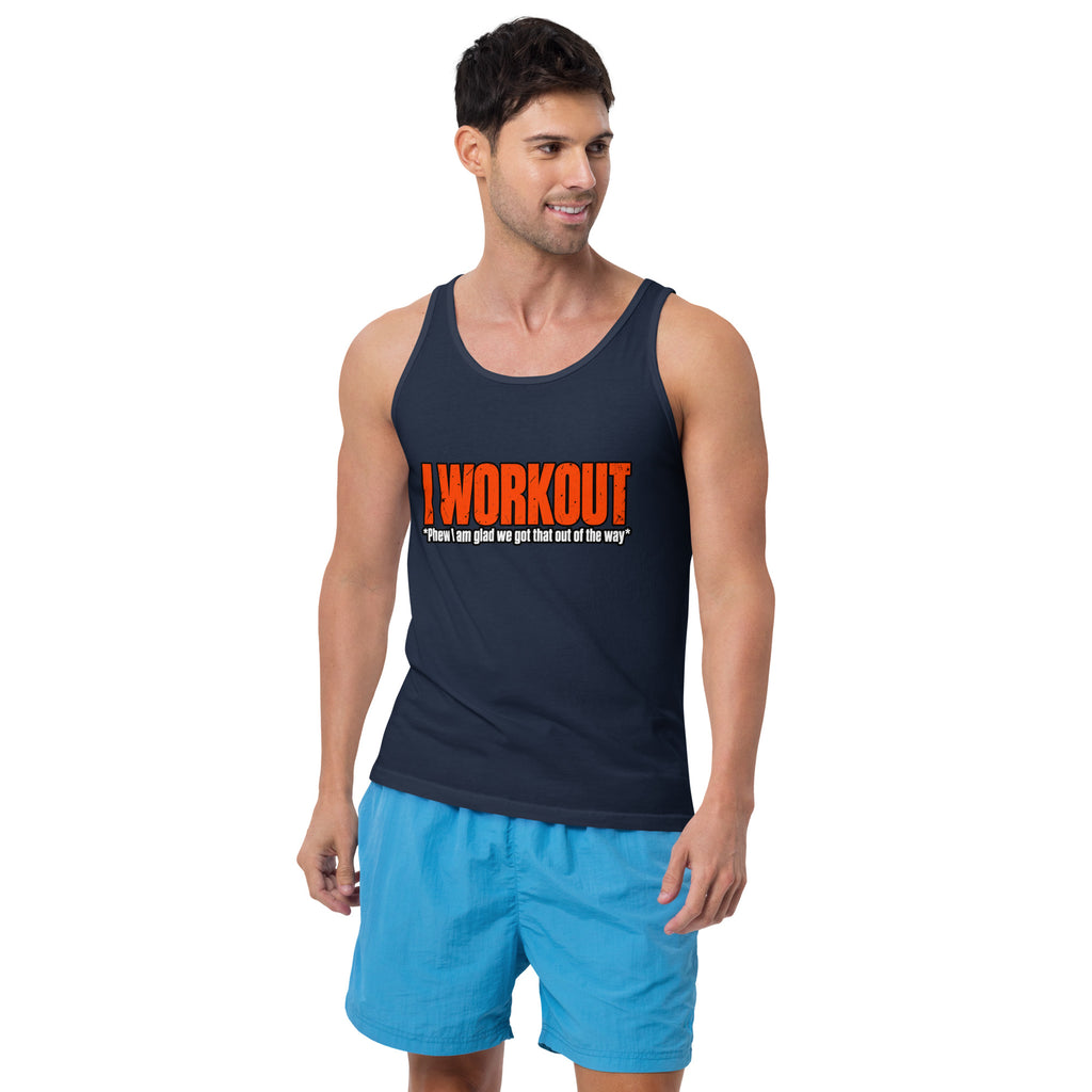 navy unisex gym tank top front mockup featuring the I Workout design