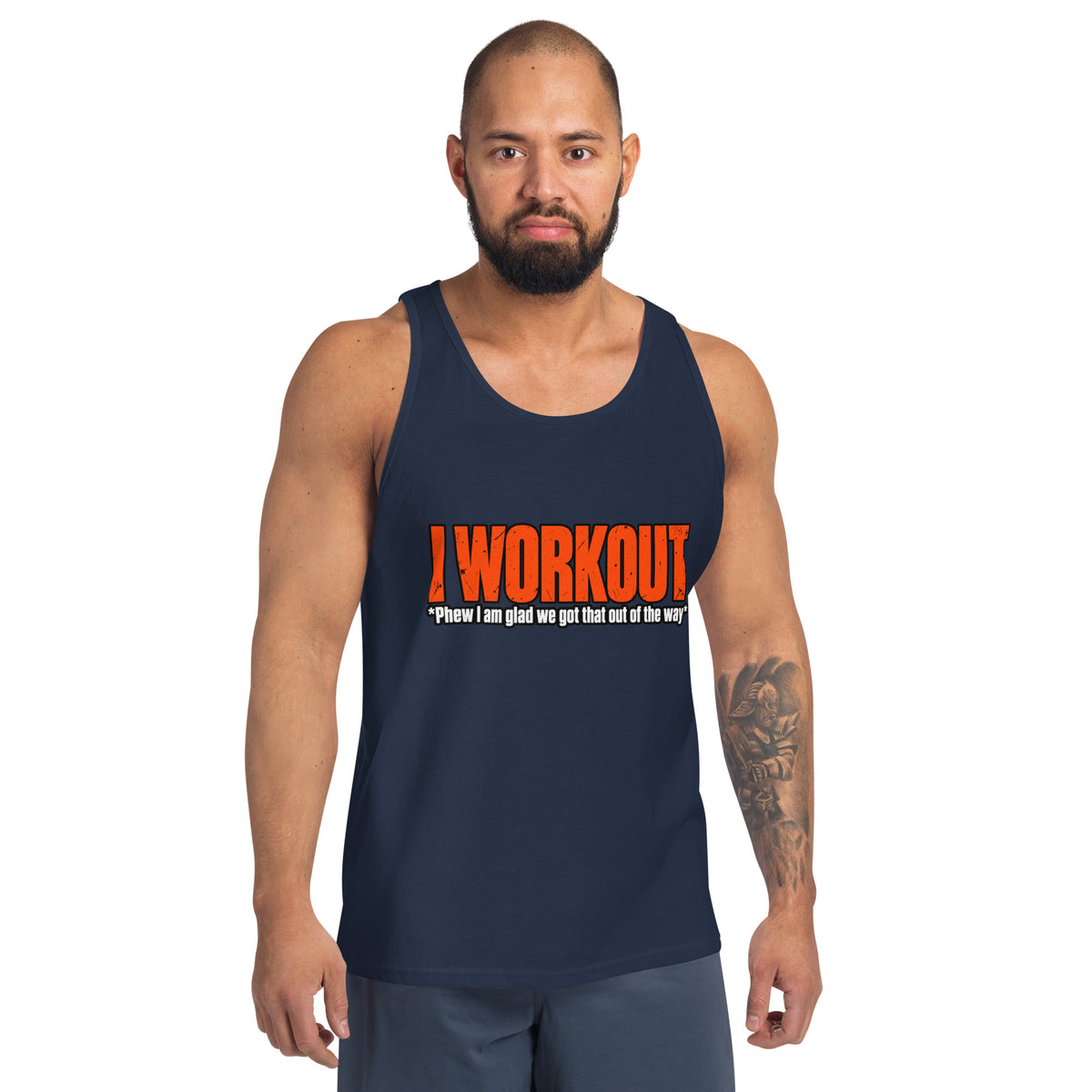 navy unisex gym tank top front mockup featuring the I Workout design
