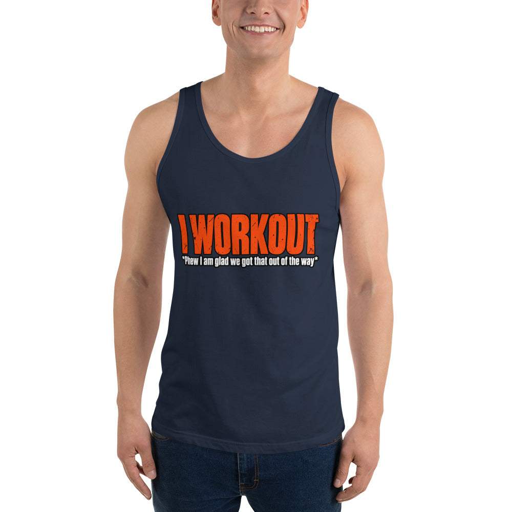 navy unisex gym tank top front mockup featuring the I Workout design