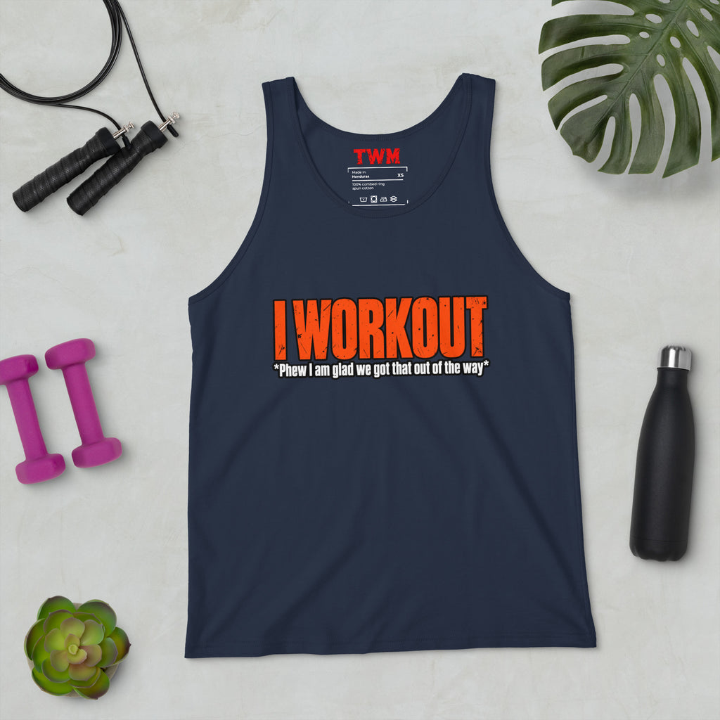 navy unisex gym tank top front mockup featuring the I Workout design