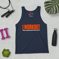 navy unisex gym tank top front mockup featuring the I Workout design