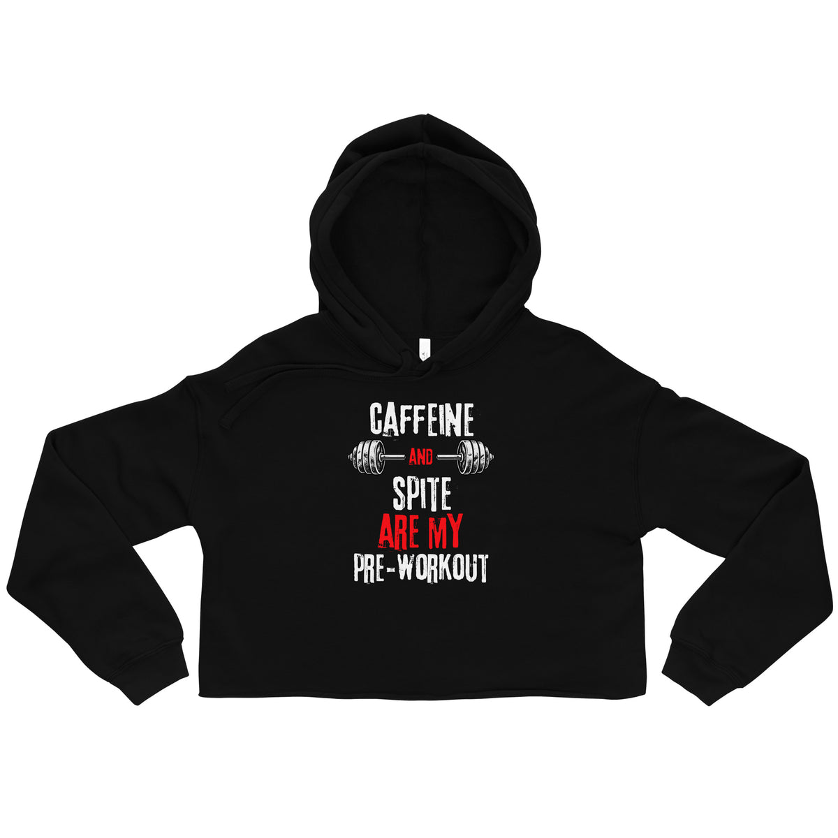 Black women’s cropped hoodie, front view with Caffeine And Spite gym design | The Wandering Manc