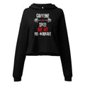 Black women’s cropped hoodie, front view with Caffeine And Spite gym design | The Wandering Manc